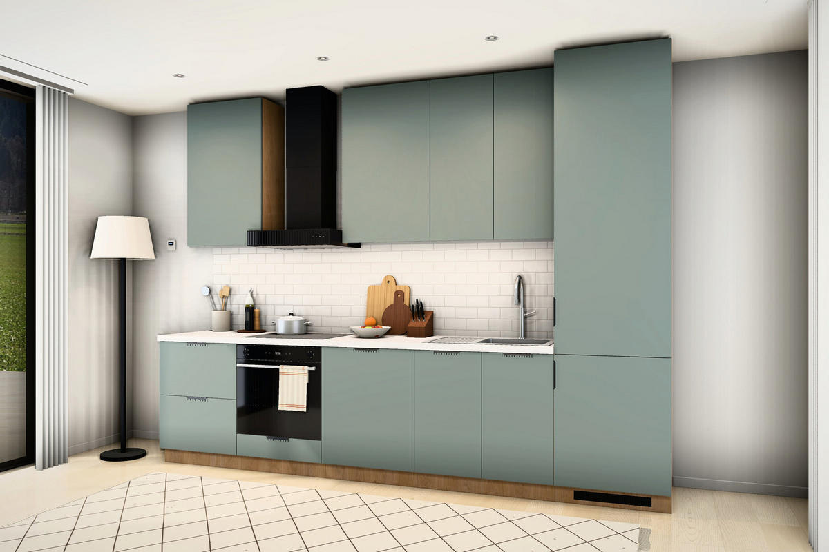 KÜCHENZEILE Sorento Grün & Sonoma Eiche – 320 cm – KÜ-SORENTO3-001 - Grün, Holzwerkstoff (320/247/58cm) - ROYAL24_MARKT