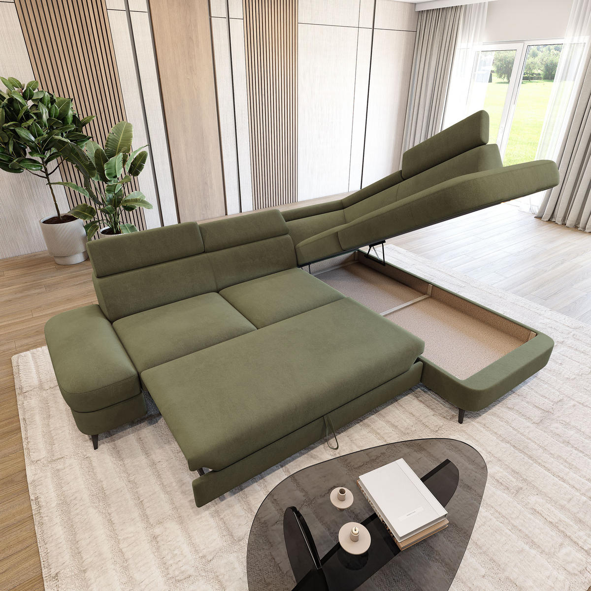 ECKSOFA AVISE MV R-S Grün Velours-Stoff mit Schlaffunktion - Grün, Holzwerkstoff/Textil (268/195cm) - MASSENO
