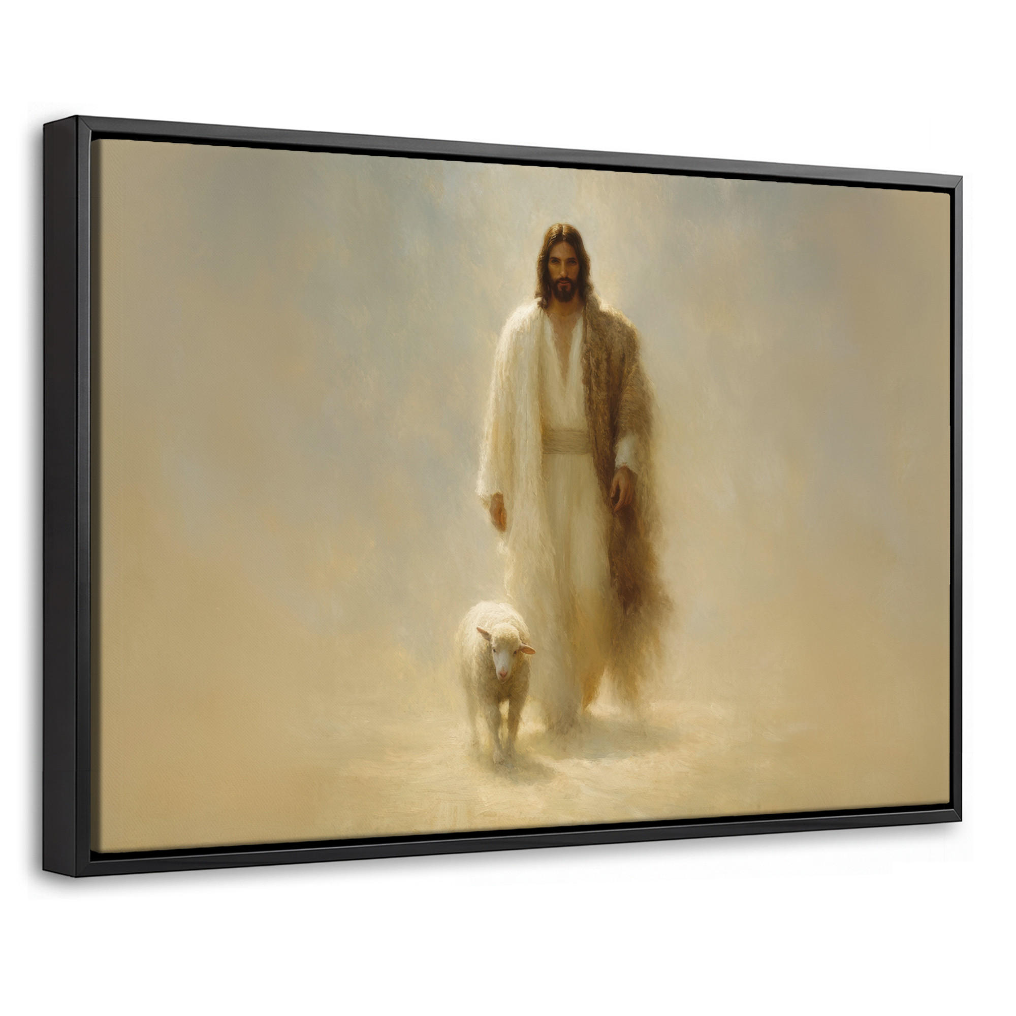 LEINWAND Bilder mit Rahmen - Schaf - Jesus - Pinselstriche - Abstrakt - 30x20 - Beige, Textil (30/20cm) - MuchoWow