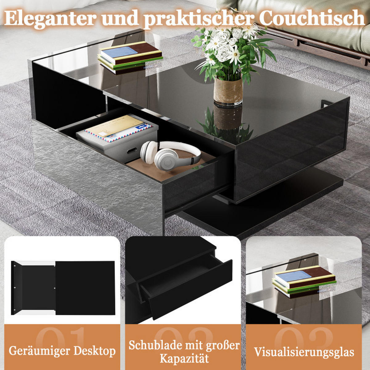 COUCHTISCH Schwarz Hochglanz 105x55x32 cm, Glasplatte, Ablagefach, Wohnzimmer - Schwarz, Holz (55/105/32cm) - PARAFTA HOME