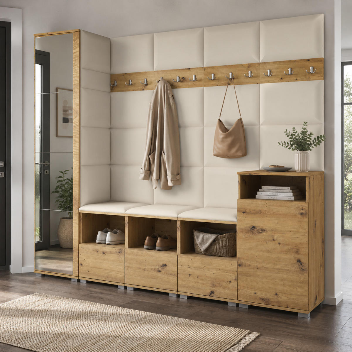 GARDEROBE NELA XI 250 cm (Modulare Flurmöbel Artisan Eiche mit Spiegel & Sitzpolster Creme 01 Großes Set) - Silberfarben/Creme, Holz/Holzwerkstoff (250/187/40cm) - Ravio