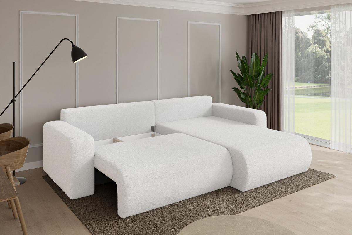 ROHOVÁ SEDAČKA s funkcí spaní, otoman vpravo BERY-L 276x193x88 bílá bouclé - bílá/černá, kompozitní dřevo/textil (276/193cm) - ALTDECOR