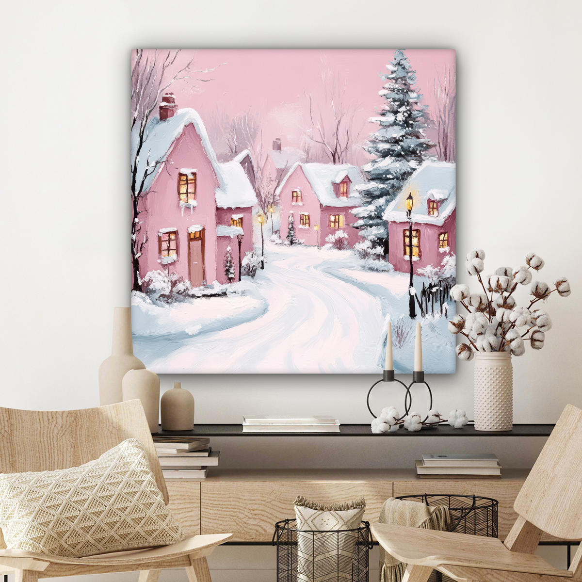 LEINWANDBILD Weihnachtsdorf - Rosa - Winter - Schnee - Häuser Deko Groß 90x90 cm - Altrosa, Textil (90/90cm) - MuchoWow