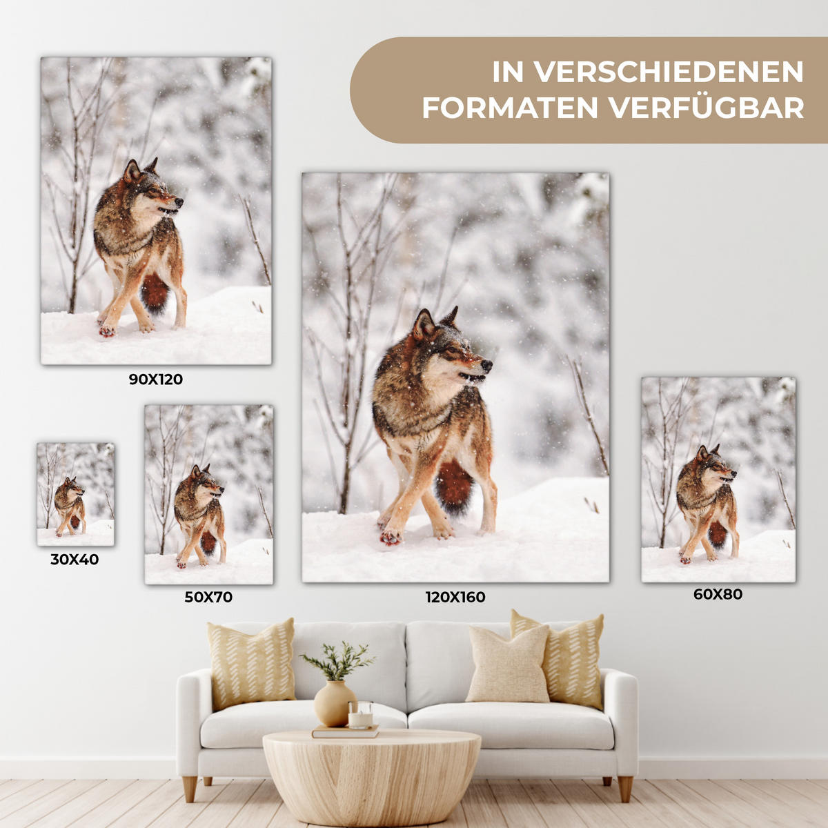 LEINWANDBILD Wolf - Winter - Schnee - Natur - Tiere 60x80 cm - Haselnussfarben, Textil (60/80cm) - MuchoWow