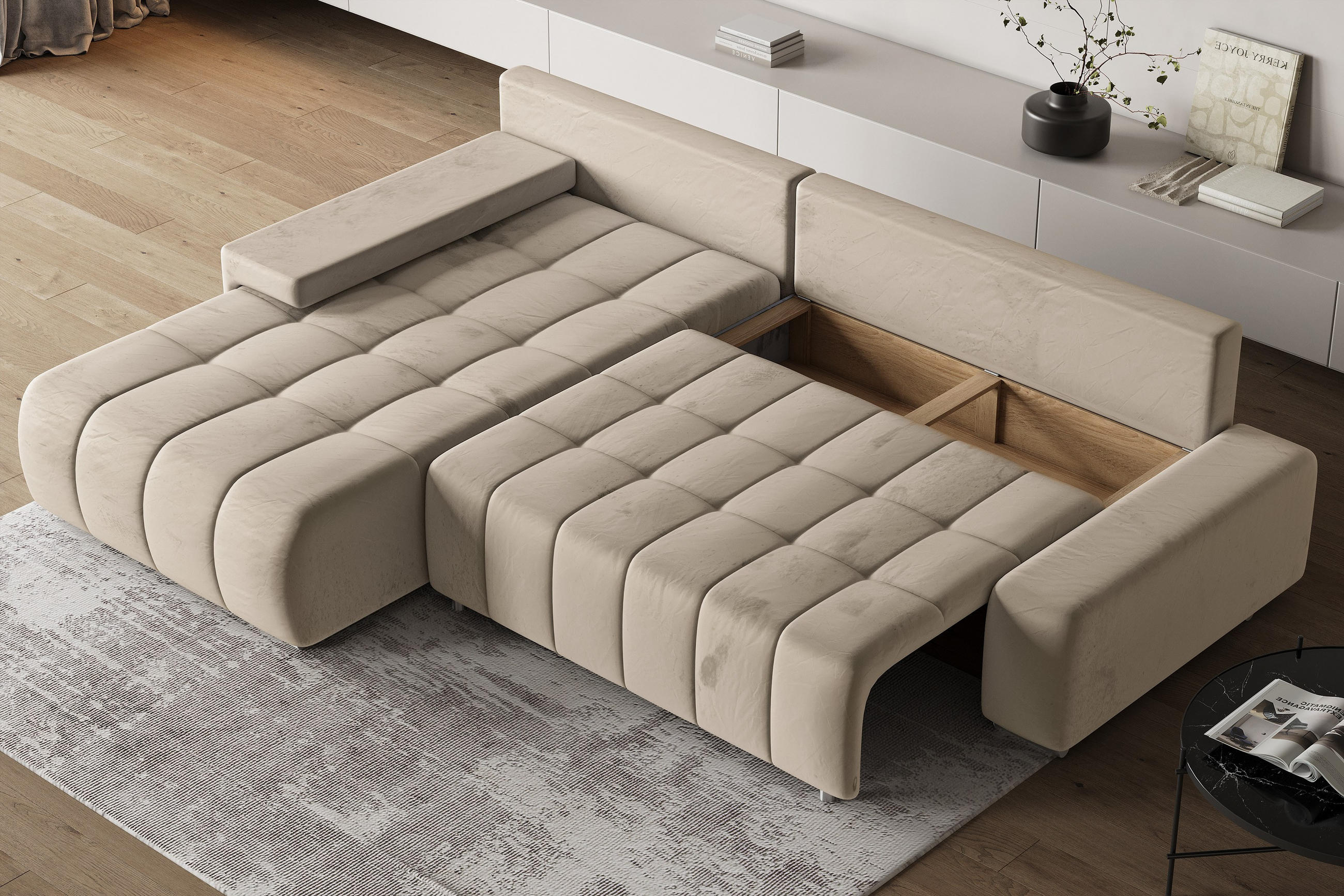 ECKSOFA ALESE L-S Creme Velours-Stoff mit Schlaffunktion - Creme, Holz (265/185cm) - MASSENO