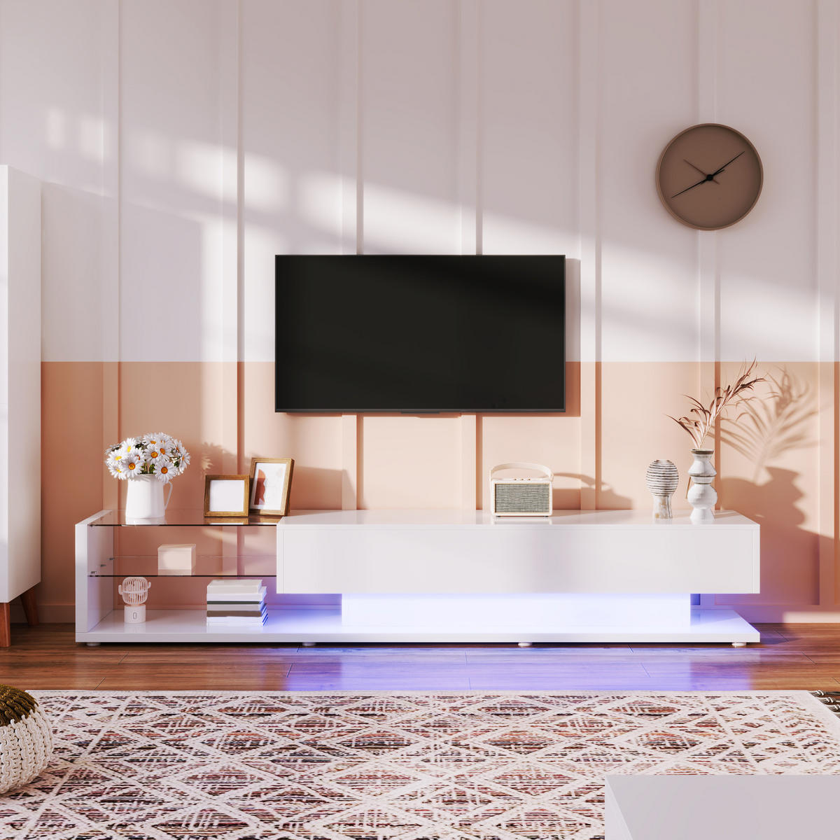 TV-ELEMENT 170 cm Hochglanz Weiß mit Glasflächen und LED-Beleuchtung - Weiß, Holzwerkstoff (36/38/170cm) - Korfee