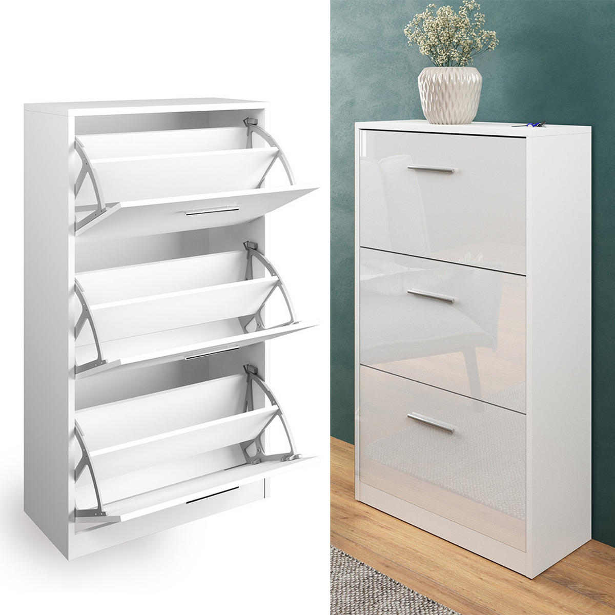 SCHUHKIPPER Gizmo Weiß Hochglanz 59 x 105 cm - Weiß Hochglanz, Holzwerkstoff (59/105/22cm) - Vicco