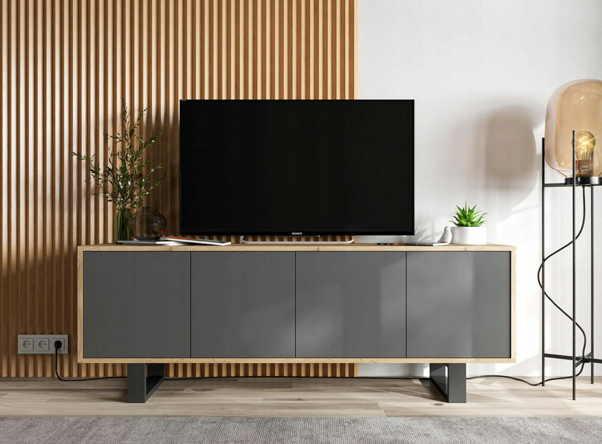 TV-SCHRANK Apollo2 Eiche wotan Graphit Matt mit Metallbeinen 150 cm - Graphitfarben/Schwarz, Holzwerkstoff/Metall (150/53/35cm) - Meble Lindner