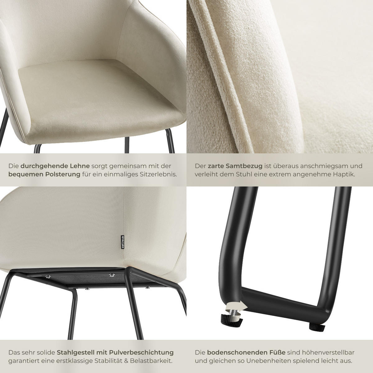 ESSZIMMERSTUHL Jeane,57 x 61 x 85,5 cm, Belastbarkeit 120 kg,Samtoptik creme/schwarz - Schwarz/Samtahornfarben, Kunststoff (57/85.5/61cm) - tectake