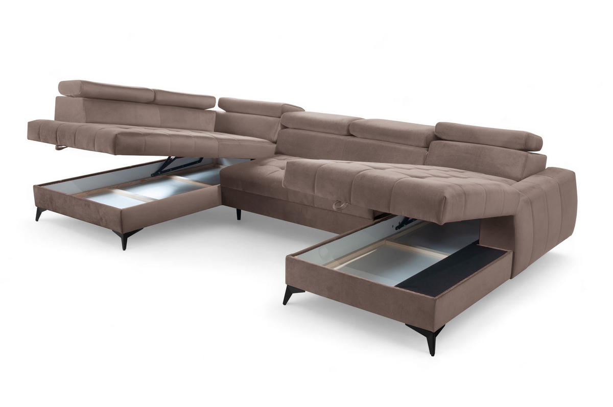 WOHNLANDSCHAFT Arkucio U Braun 345/200/95 cm – großes Sofa mit Schlaffunktion R - Schwarz/Braun, Textil/Metall (345/95/200cm) - AX Living