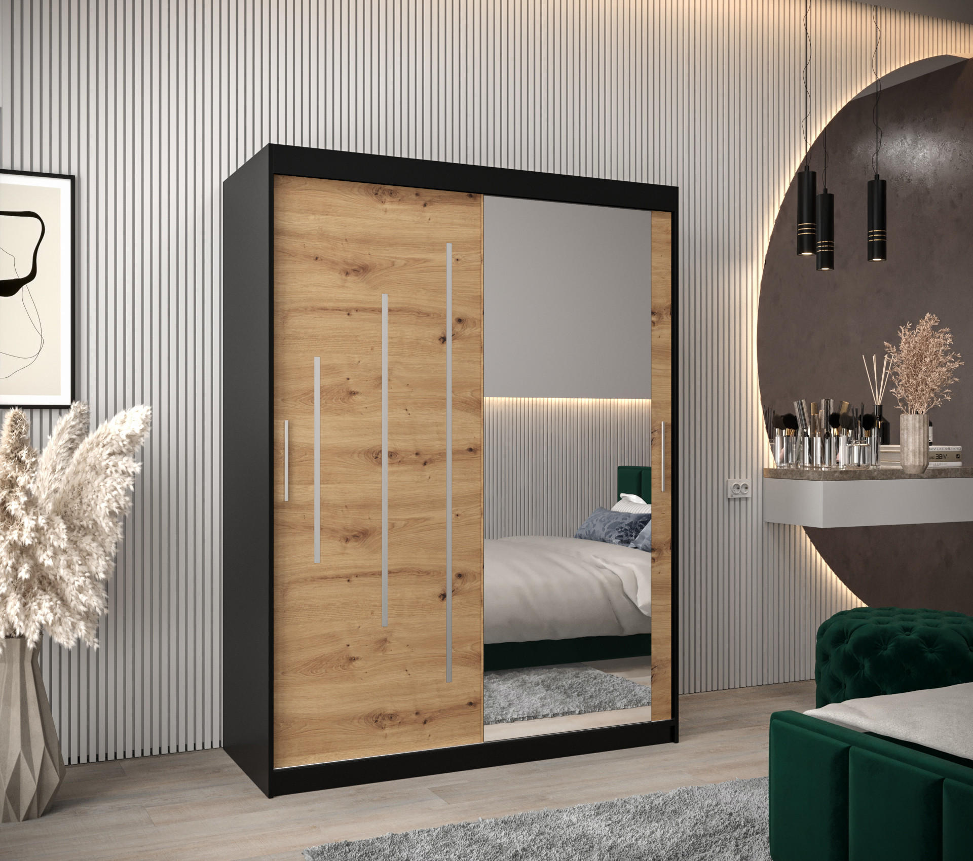 SCHWEBETÜRENSCHRANK 200/150/62 2-türig - Silberfarben/Schwarz, Holz/Kunststoff (150/200/62cm) - Abiks Möbel