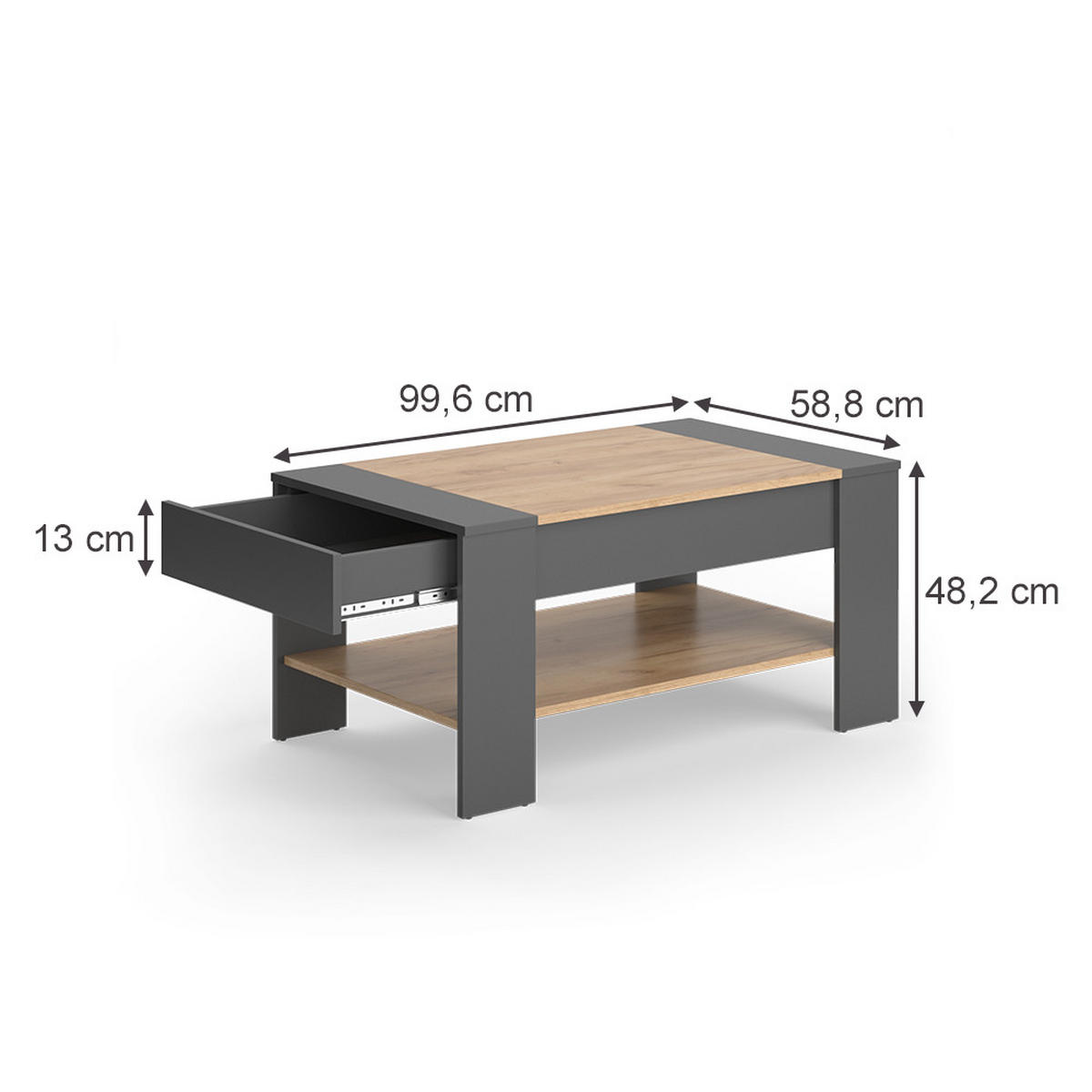 COUCHTISCH August Goldkraft Eiche/Anthrazit 99.6 x 58.8 cm mit Schublade - Anthrazit/Eiche Wotan, Holzwerkstoff (58.8/99.6/48.2cm) - Vicco