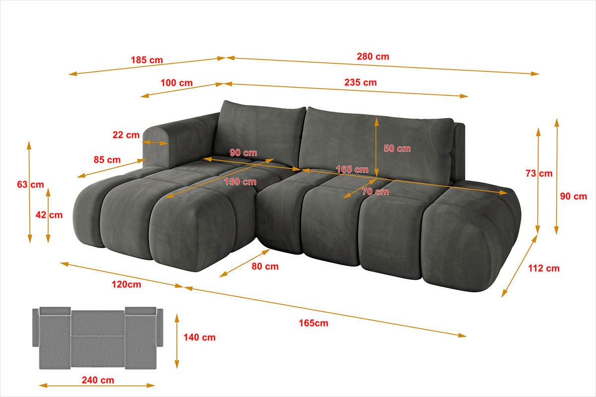 ECKSOFA Ottomane Links CLOUD-L 280x185x90 Dunkelgrau Velours - Dunkelgrau, Holzwerkstoff/Kunststoff (180/289cm) - ALTDECOR