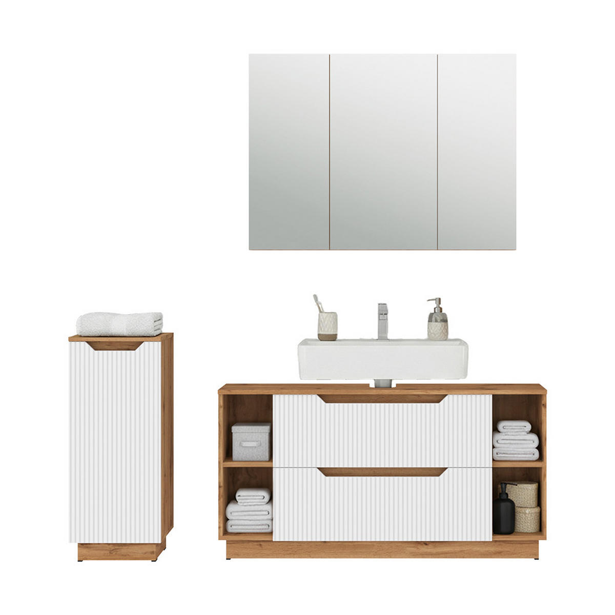 BADMÖBEL-SET Lotta Eiche/weiß gestreift 3 Teile - Eichefarben/Weiß, Holzwerkstoff (119.2/62.5/35cm) - Vicco