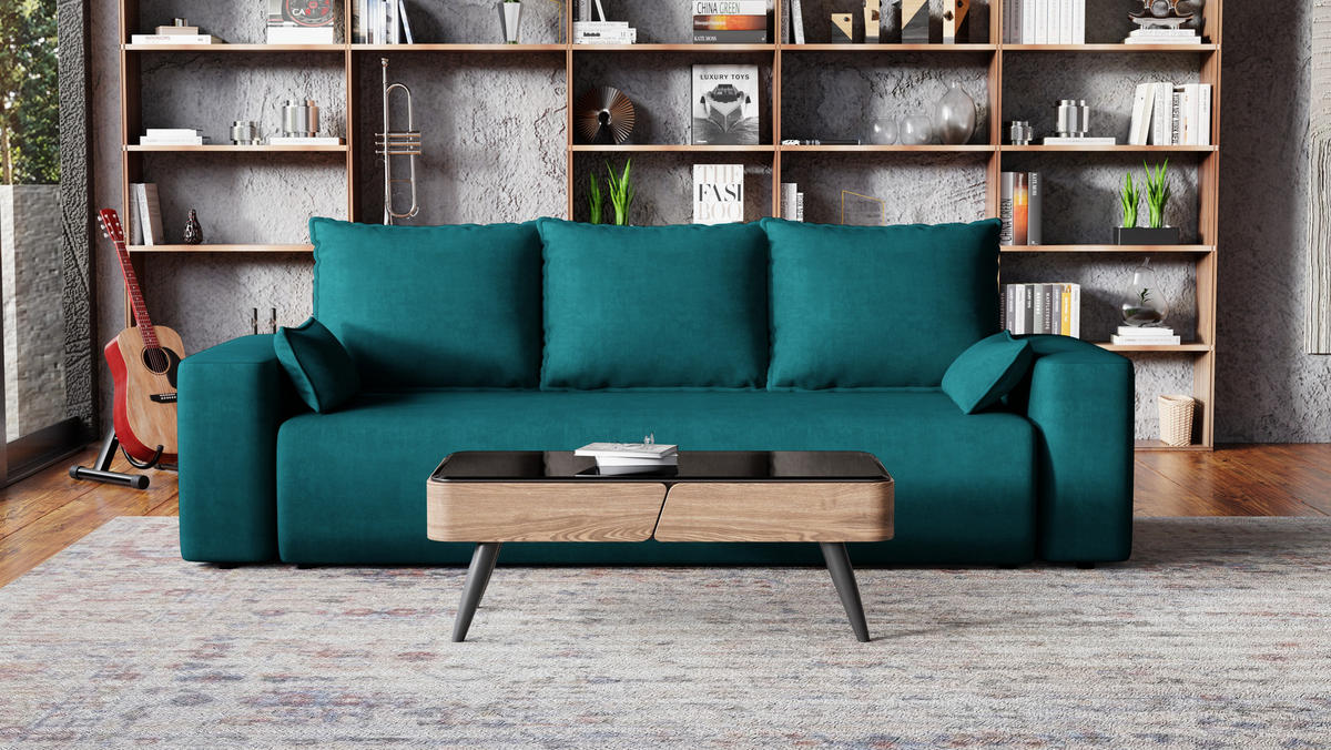 SOFA Bubi mit Bettkasten und Schlaffunktion, Velourstoff - Türkis, Holzwerkstoff (242/85/95cm)