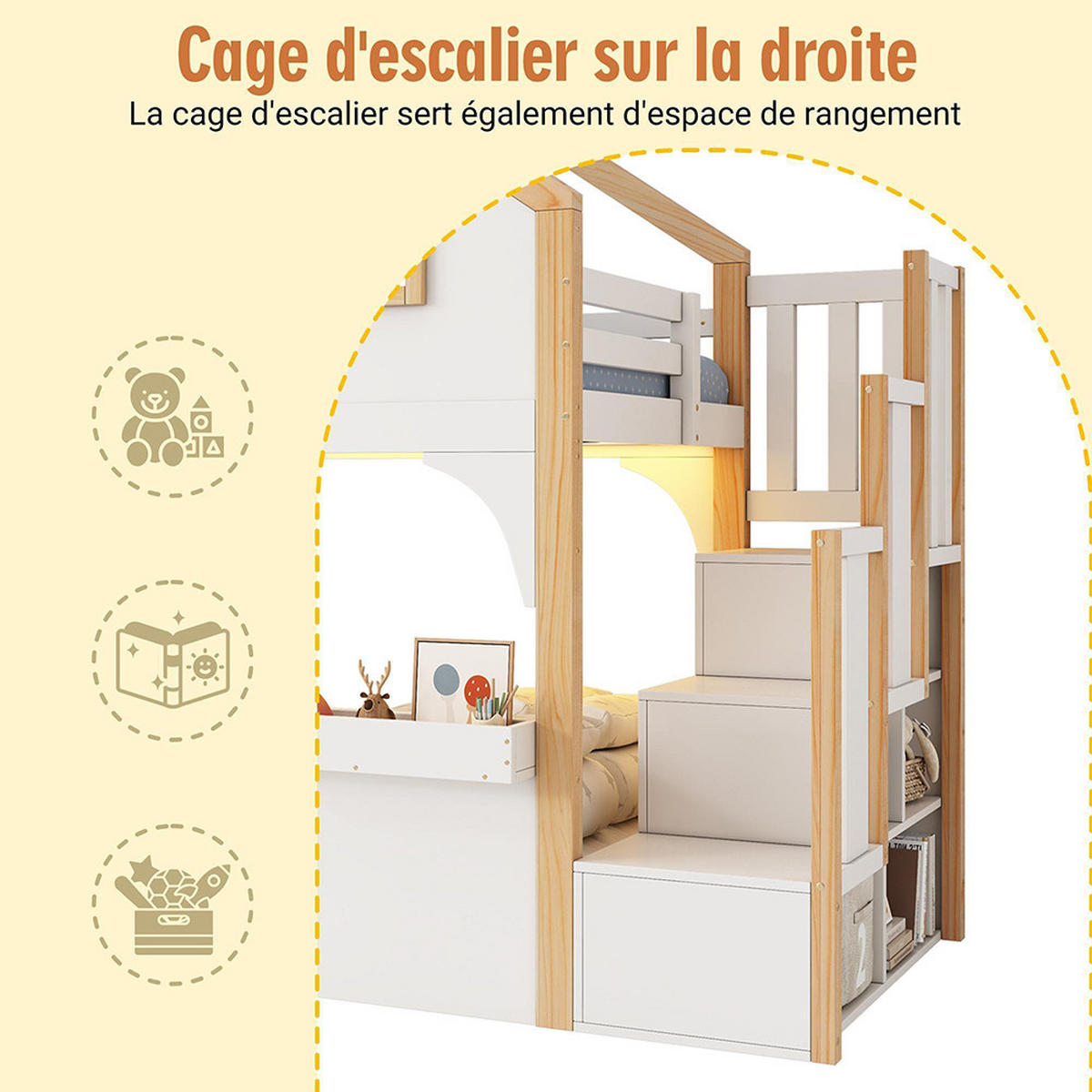 HAUSBETT 90x200cm mit LED und Stauraumtreppe in Weiß+Naturfarbe - Weiß, Holz (90/200cm) - KOMHTOM