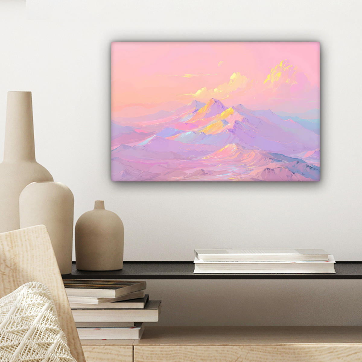 LEINWANDBILD Berggipfel - Wolken - Verträumt Deko Schlafzimmer 30x20 cm - Hellrosa, Textil (30/20cm) - MuchoWow