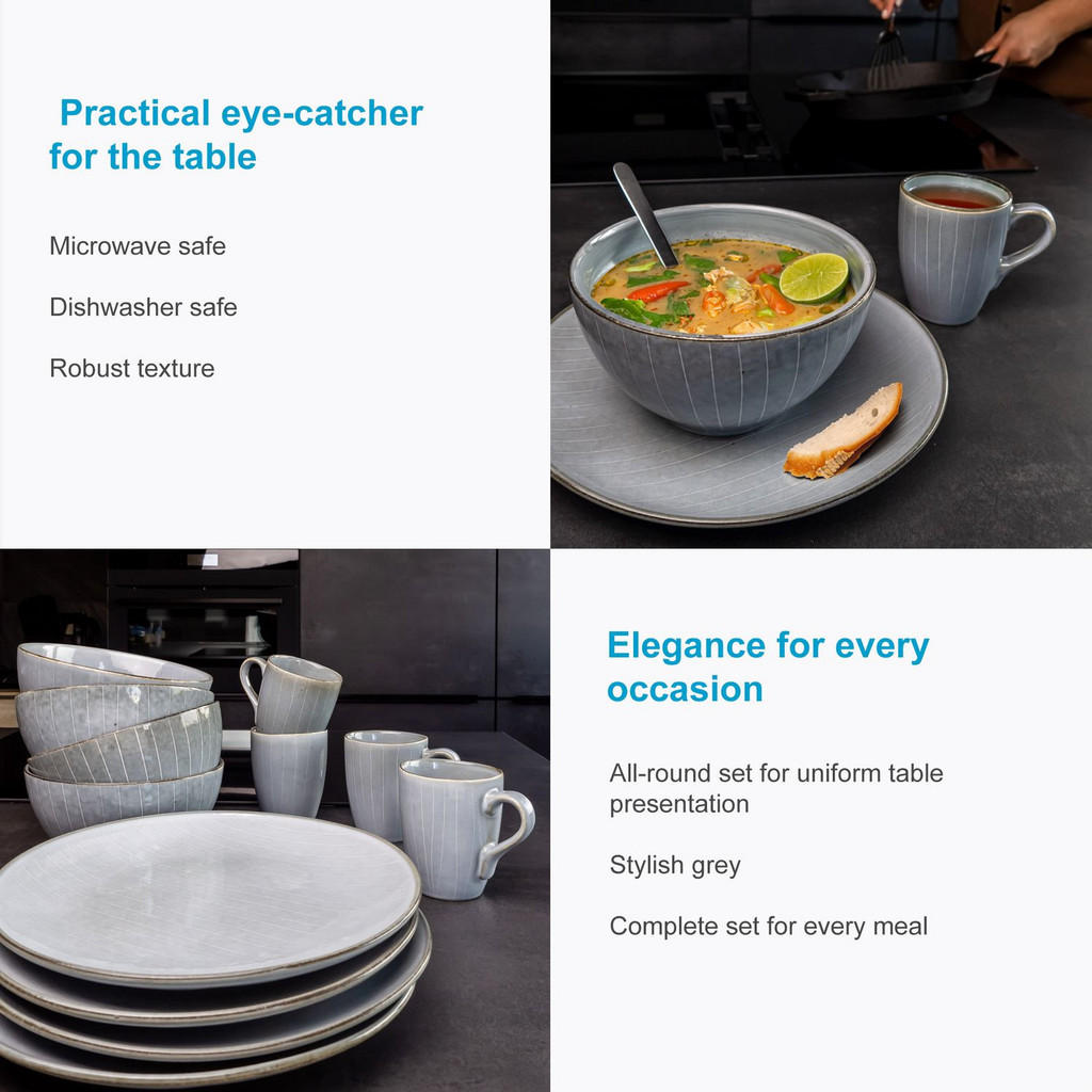 Thumbnail - Intirilife Geschirrset, Grau, Keramik, 12-teilig, 30x29x45 cm, Essen & Trinken, Geschirr, Geschirr-Sets