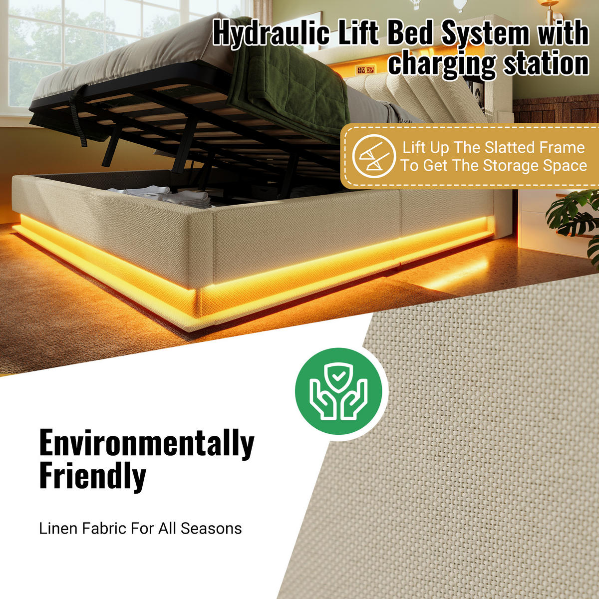 POLSTER EINZELBETT 90x200cm mit USB-C LED Beleuchtung & Hydraulik Beige - Beige, Holz (90/200cm) - FLIEKS