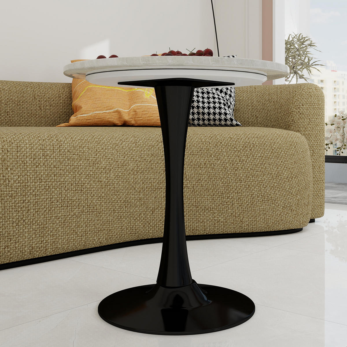 COUCHTISCH rund 70/70/72 cm Schwarz Weiß mit Kunstmarmorplatte im minimalistischen Design - Schwarz, Stein (70/70/72cm) - OKWISH