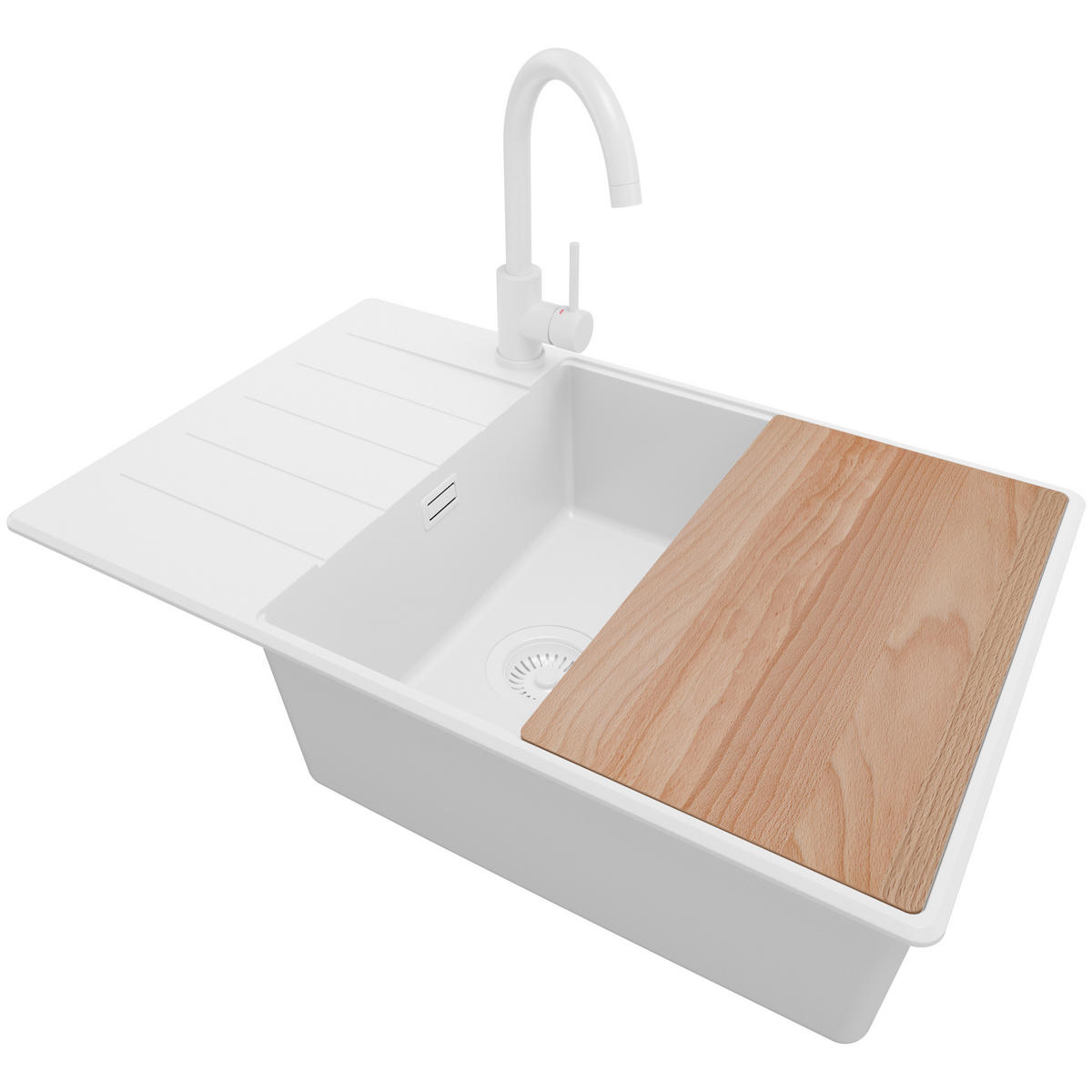 GRANITSPÜLE Kopenhagen, 2-er set Alles Weiß 78/50 cm 1 Becken + Küchenarmatur 32/20 cm + Ablauf-Set + Schneidebrett ab 60er Unterschrank - Beige/Weiß, Kunststoff (78/20/50cm) - Primagran