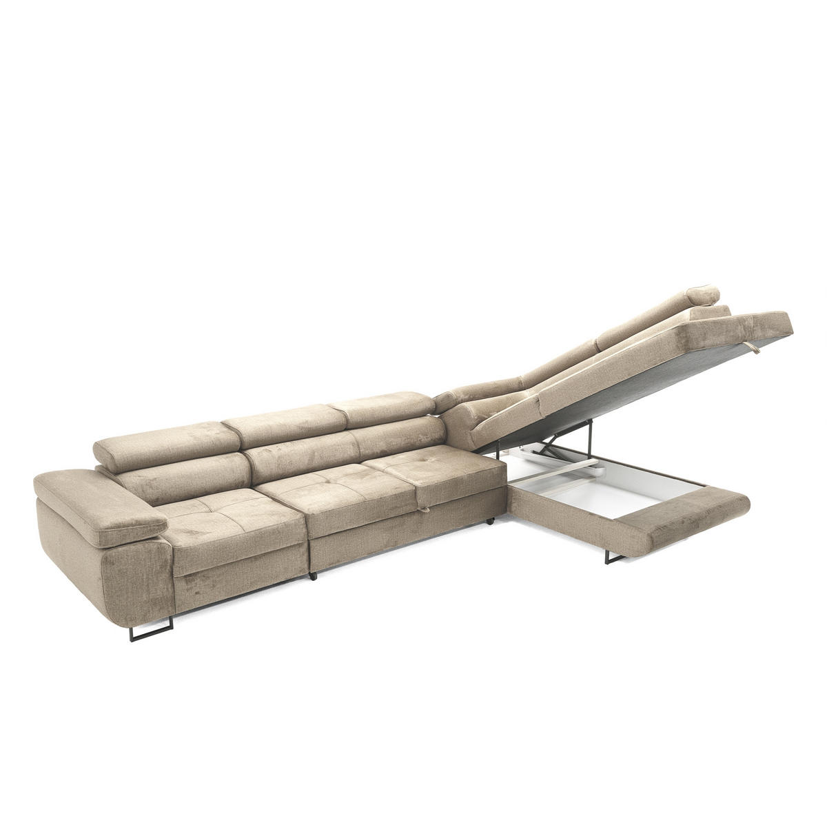 ECKSOFA WILD MAXI L Rechts mit Schlaffunktion 125x195 Velours Beige - Chromfarben/Beige, Holz/Textil (203/350cm) - Muffo