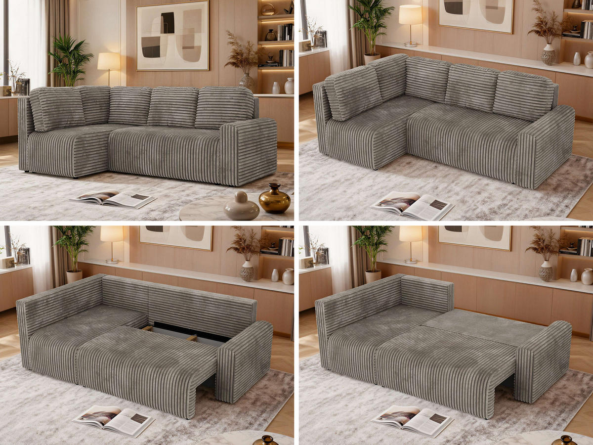 ECKSOFA NESSARO COR L - Hellbraun Cord - Links - Hellbraun/Schwarz, Kunststoff/Textil (151/240cm) - MKS