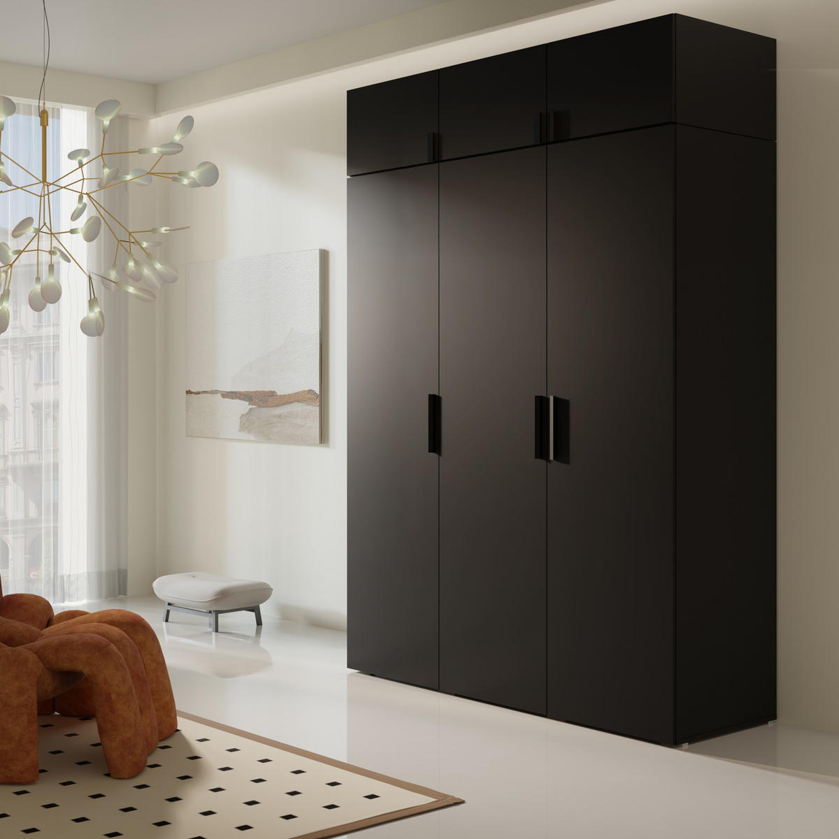 AUFSATZ für Schrank Napoli 3D 150 Schwarz (schwarzer oder goldener Griff) - Silberfarben/Schwarz, Holzwerkstoff/Kunststoff (150/35/60cm) - mzm24