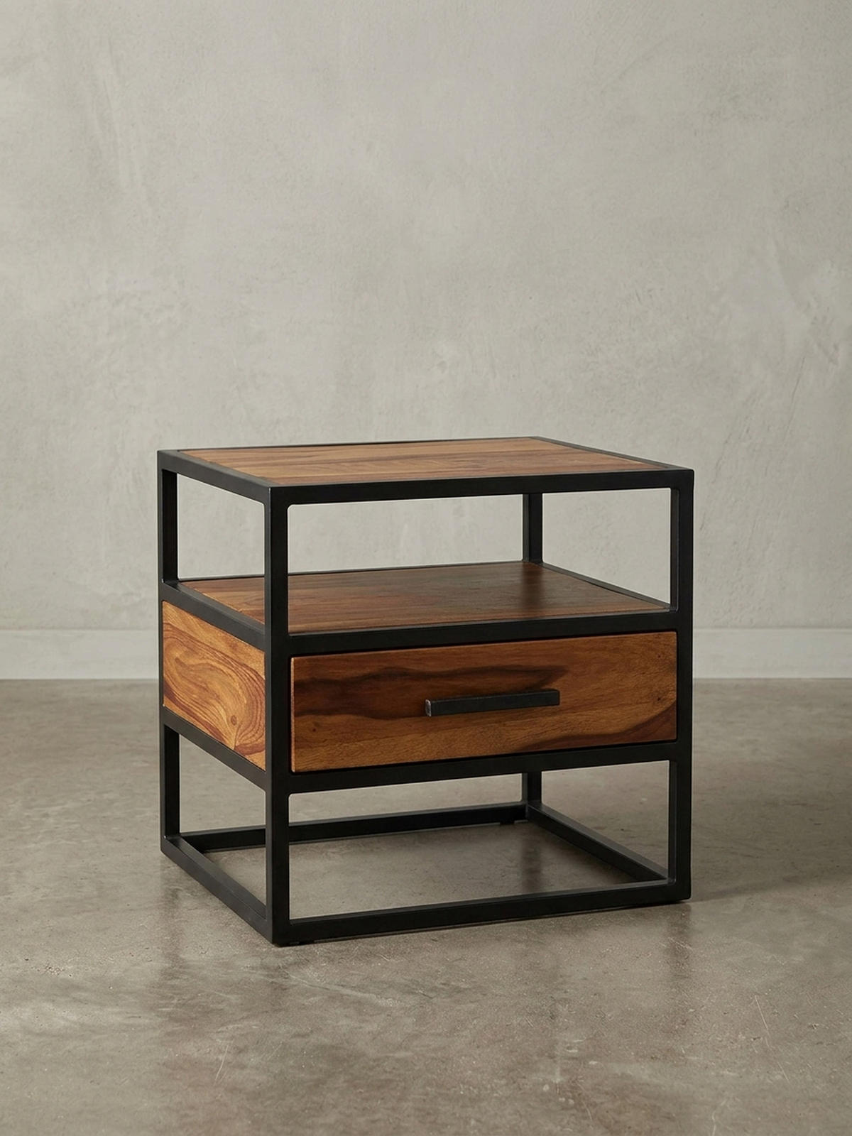 NACHTTISCH – Massivholz/Stahl, mit Stauraum, Industrial-Stil - Schwarz/Braun, Holz/Metall (50/45/45cm) - KADIMA DESIGN