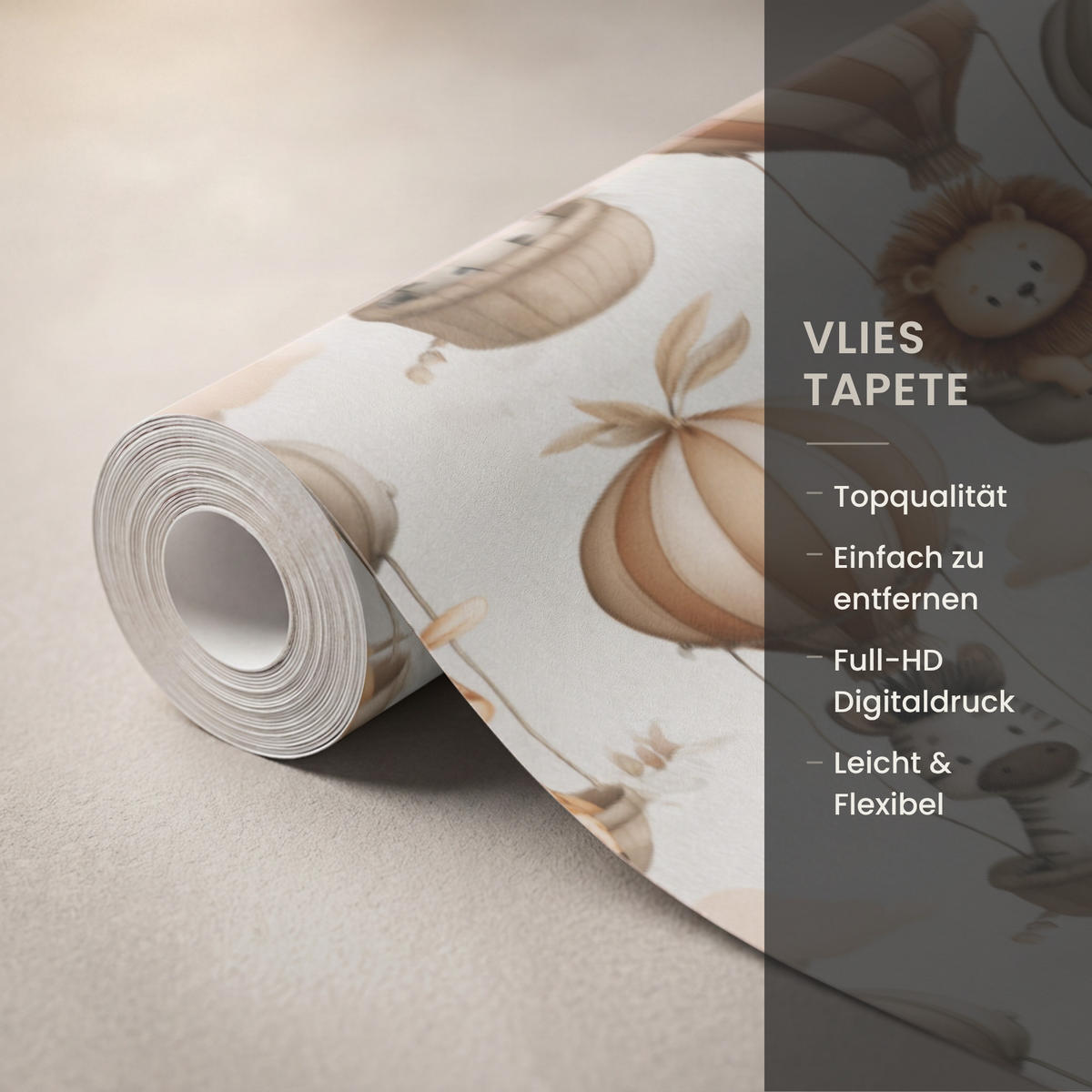 KINDERTAPETE - Safari - Heißluftballons - Taupe - 100x280 cm - Beige, Papier (100/280cm) - OnlyWow
