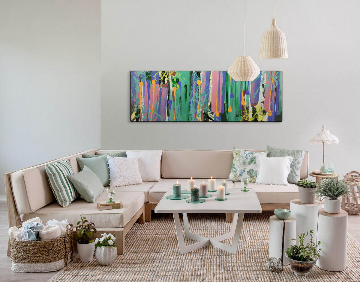ACRYLBILD HANDGEMALT 150/50 cm - Blau/Gelb, Holz/Textil (150/50cm) - KUNSTLOFT