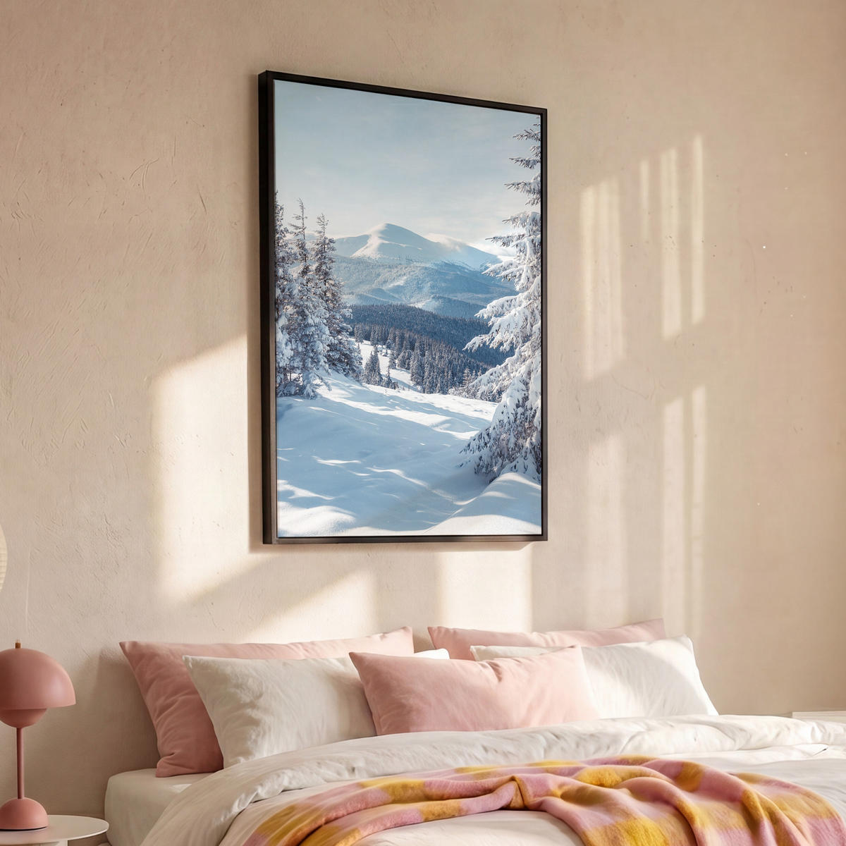 LEINWAND Bilder mit Rahmen - Winterlandschaft - Natur - Berge - Bäume - Schnee - 100x150 - Hellblau, Textil (100/150cm) - MuchoWow