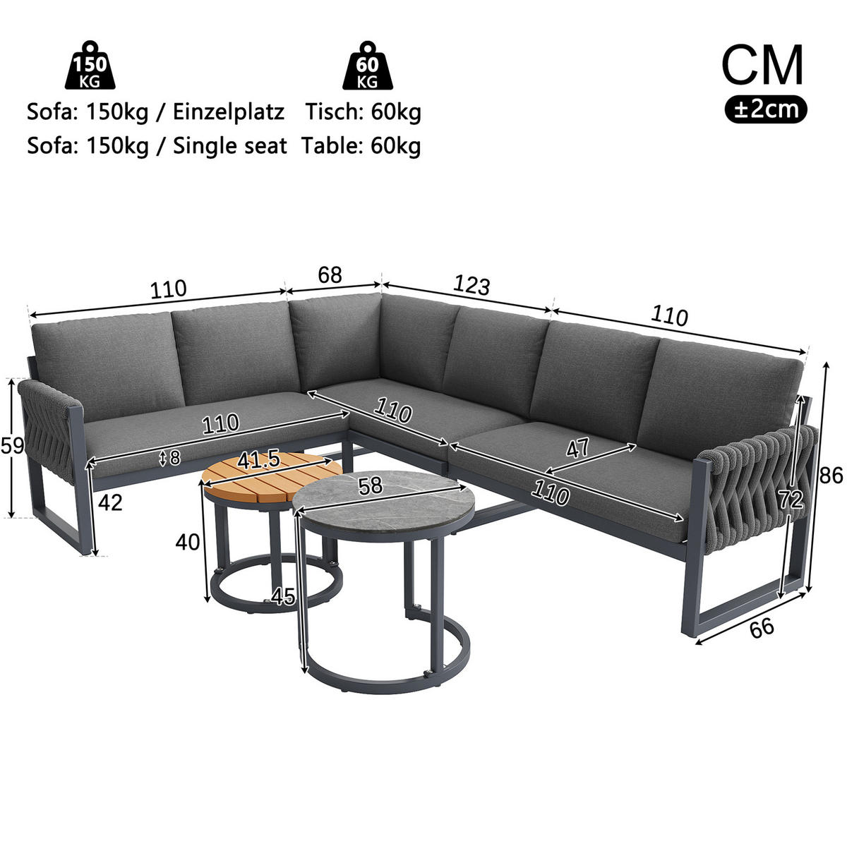 GARTENMÖBELSET modular 5-tlg. mit 2 Tischen Grau - Grau, Metall - Beauniv