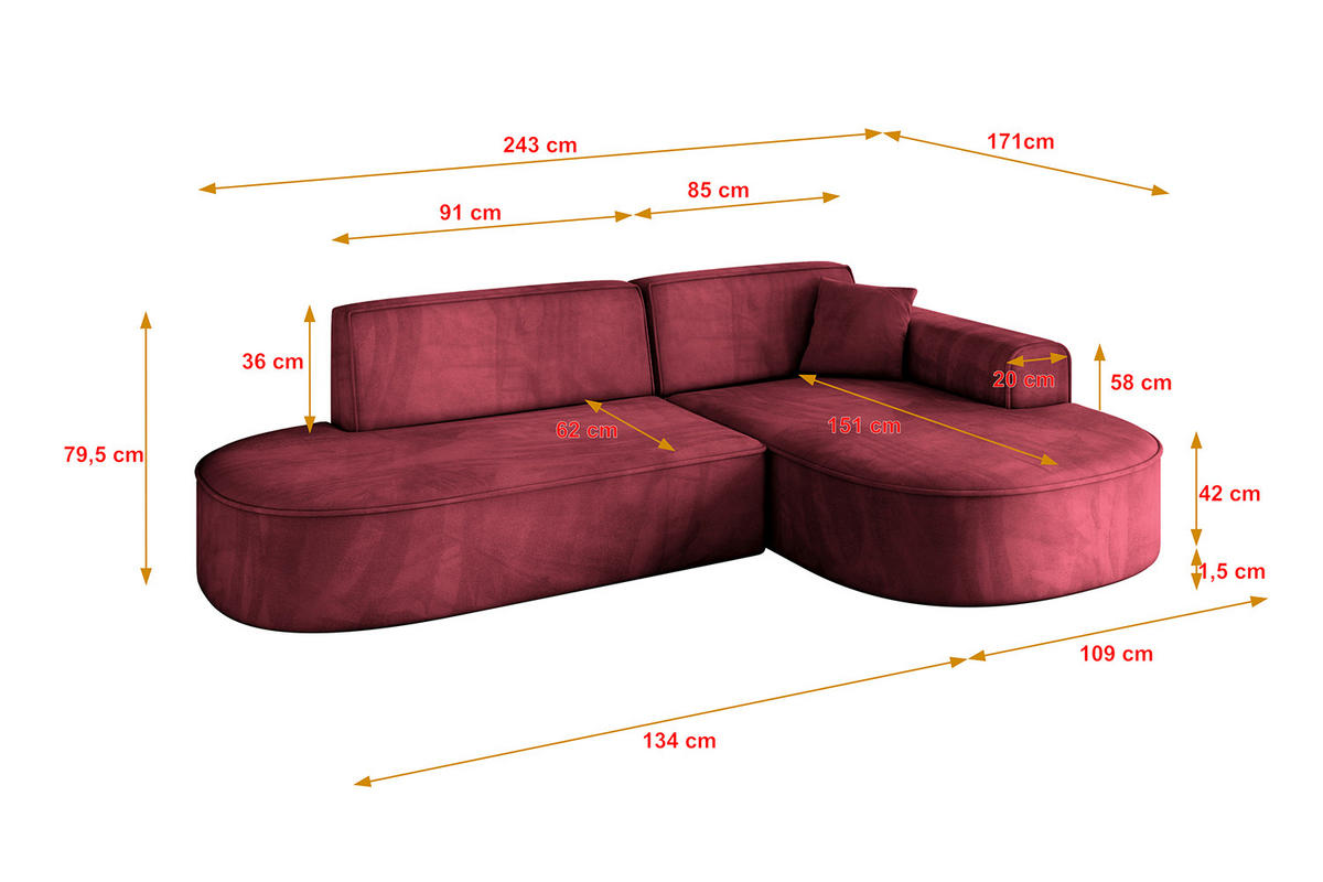 ECKSOFA Ottomane Rechts MARI-L1 - 243x171x79 cm Bordeaux Velours - Bordeaux/Schwarz, Holzwerkstoff/Kunststoff (171/243cm) - ALTDECOR