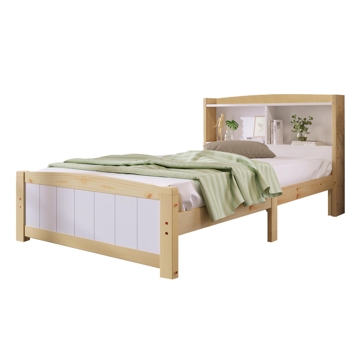 RAHMENBETT 90/200 cm mit Stauraum-Kopfteil aus massivem Holz in Weiß - Naturfarben, Holz (90/200cm) - OKWISH