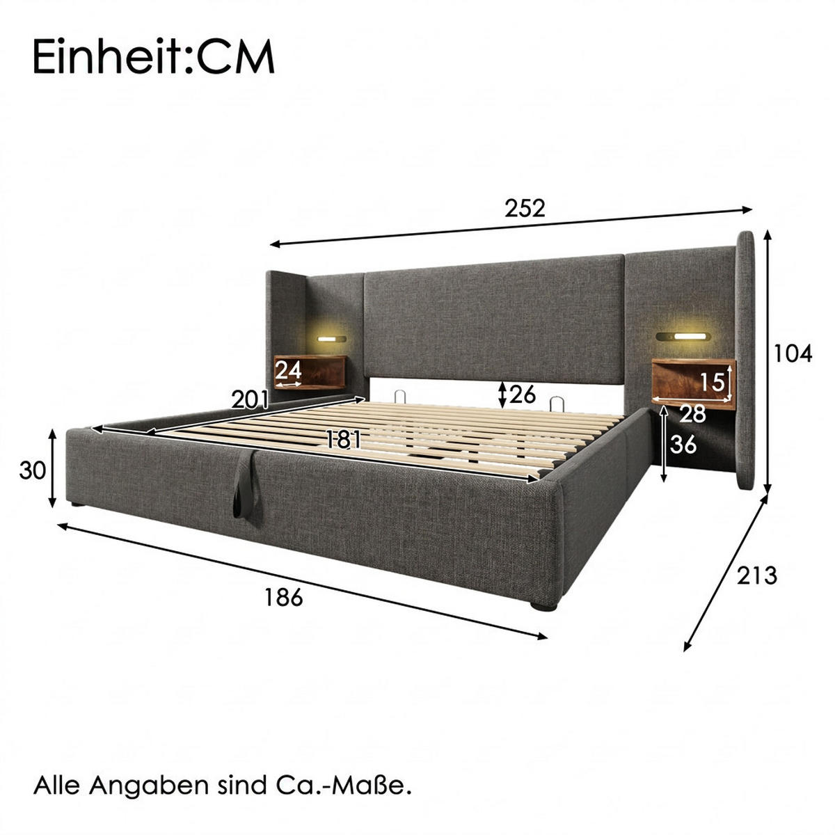 POLSTERBETT 180/200 cm Grau Leinen mit Nachttisch, Leselampe und USB Type-C Ladefunktion - Grau, Textil (180/200cm) - Oxeza