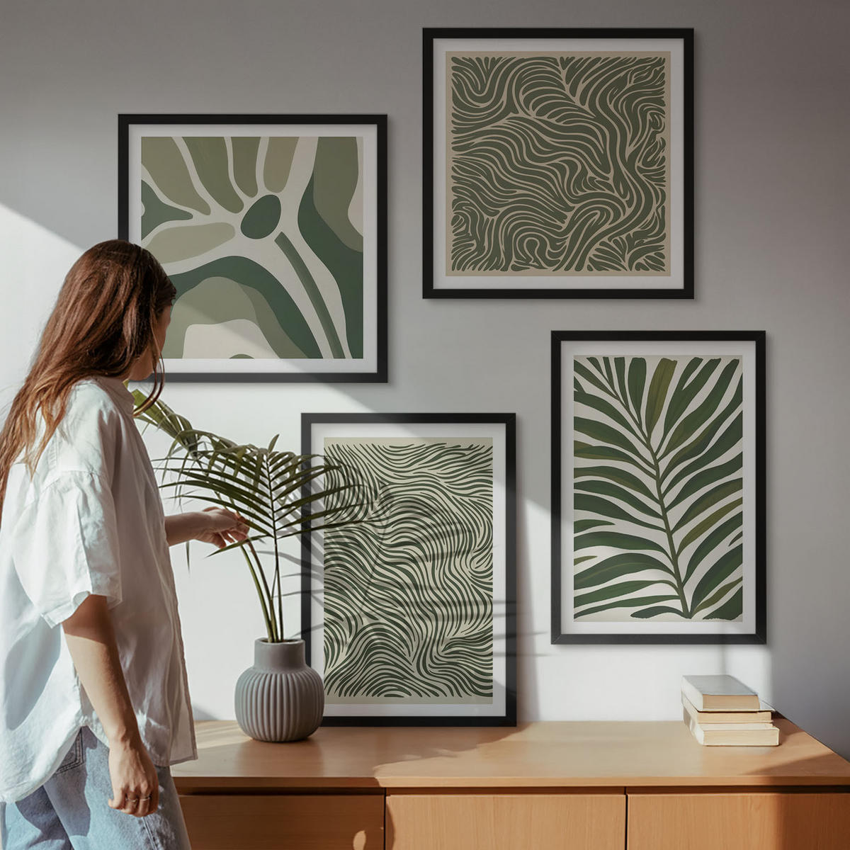 BILDER SET 4er Set - 50x50 cm & 40x60 cm Schwarzer Rahmen - Blattmuster und wellenförmige Formen - Schwarz, Kunststoff (50/50cm) - TULUP