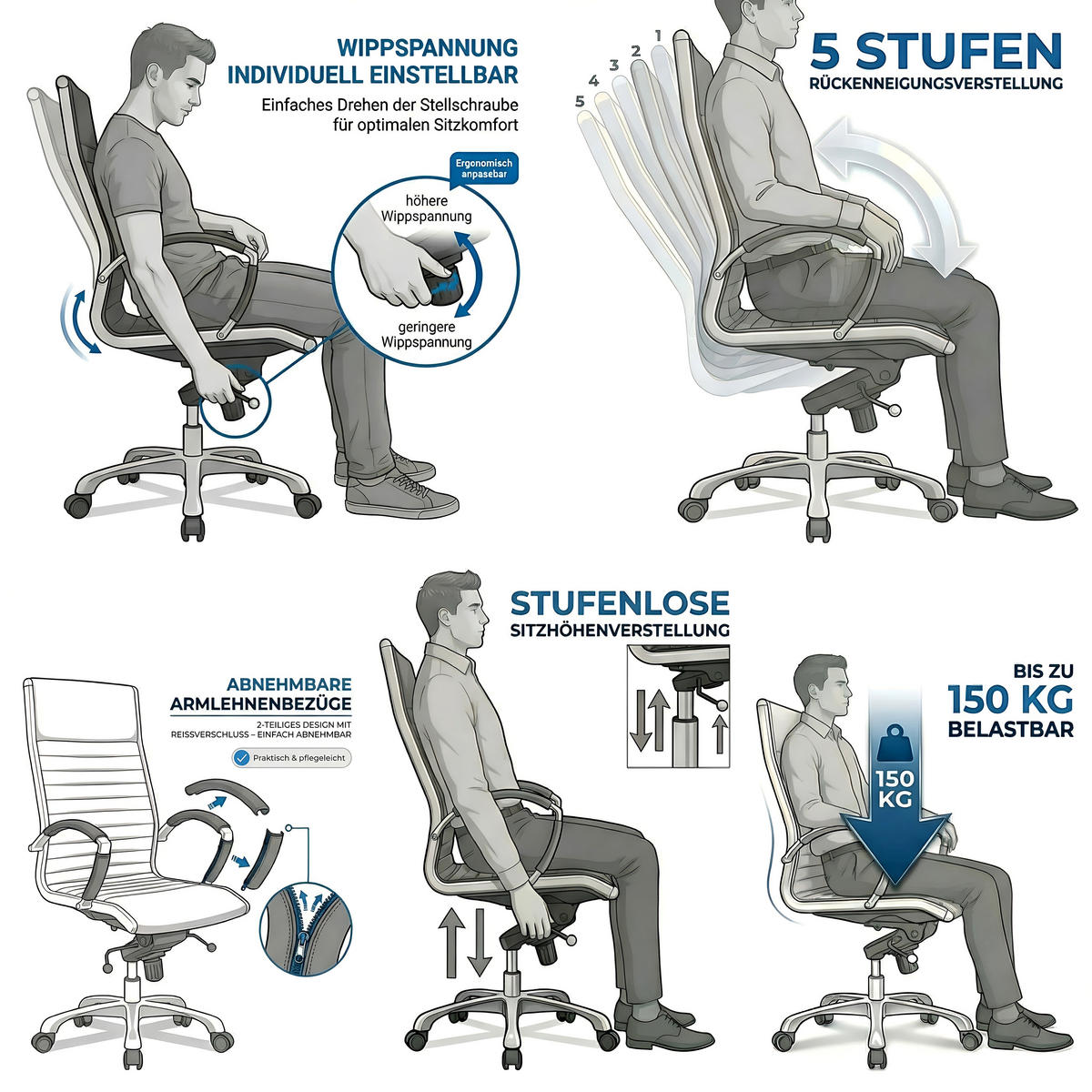 BÜROSTUHL Montreal Echtleder Weiss – ergonomisch, 150 kg belastbar, Sitzhöhe 52-64cm - Weiß, Leder/Metall (60/121/60cm) - Versee