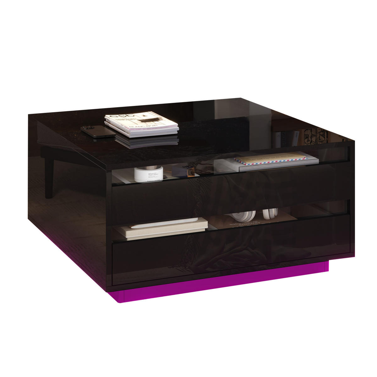 COUCHTISCH DE-107 LiftLED Hochglanz Schwarz - Schwarz, Holzwerkstoff (70/70/38cm) - ComfortXL