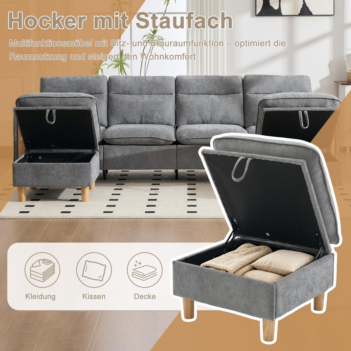 SOFA 261/77/86 cm in Hellgrau mit 2 Hockern und Stauraum - Hellgrau, Textil (77/86/261cm) - Flora Grace