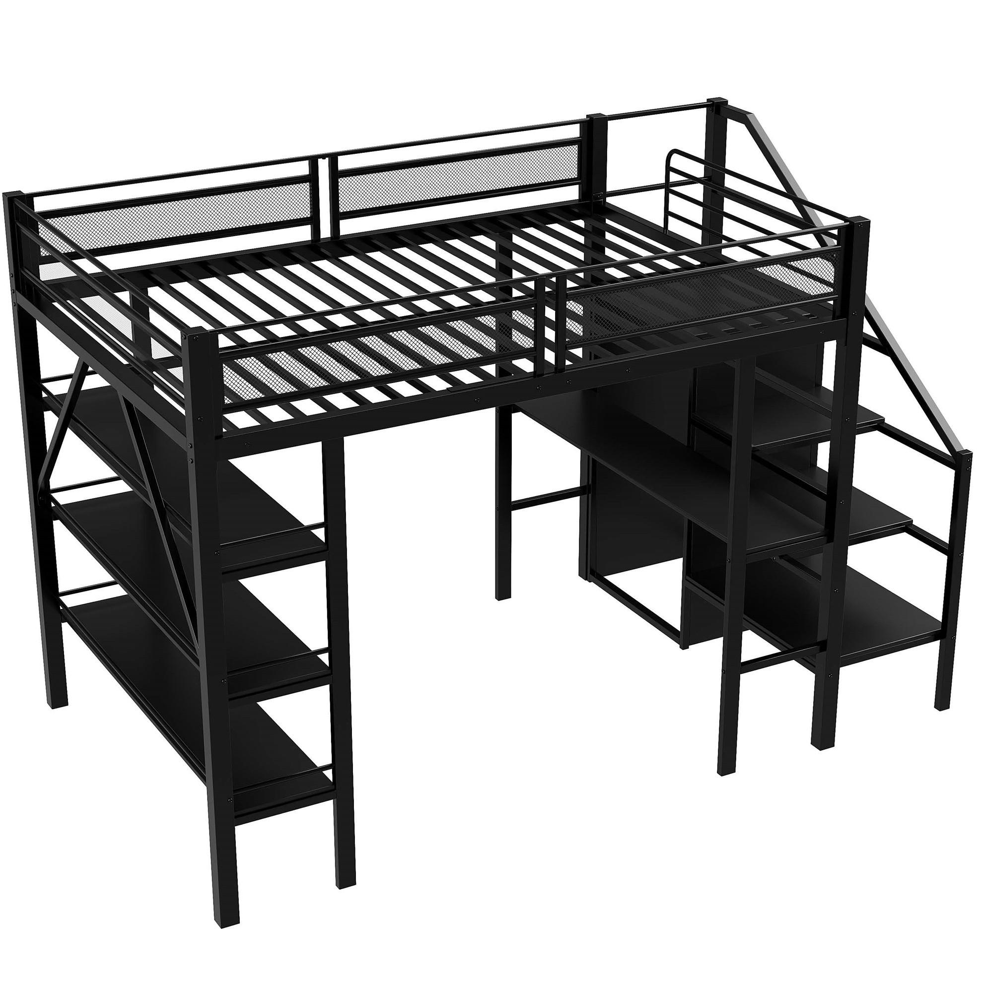 HOCHBETT 140/200 cm in Schwarz mit Schreibtisch, Regal und Kleiderschrank - Schwarz, Metall (140/200cm) - Flora Grace
