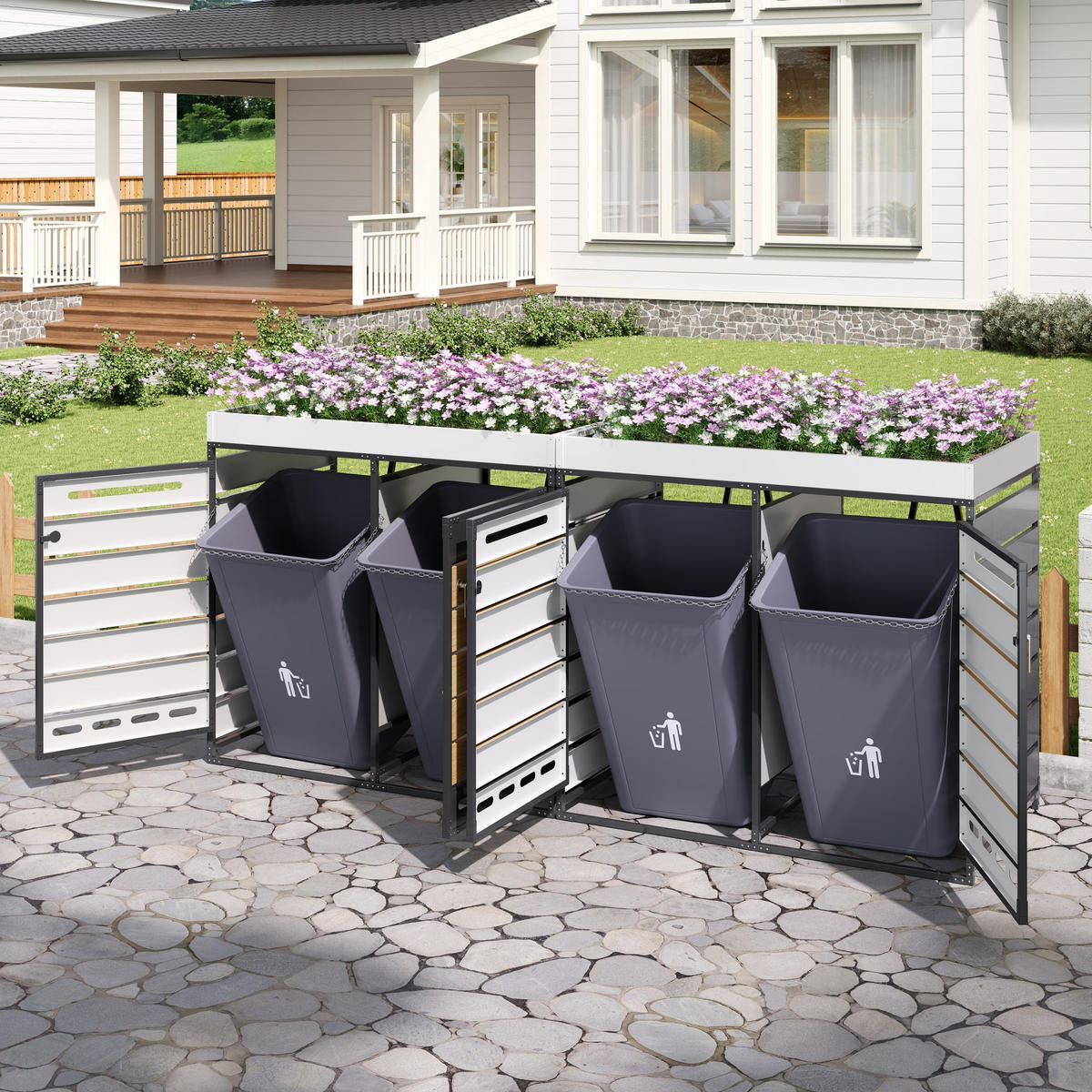 MÜLLTONNENBOX Pflanzkasten Holzoptik horizontal Schloss - Schwarz, Metall (262/120/79cm) - LEBENLANG