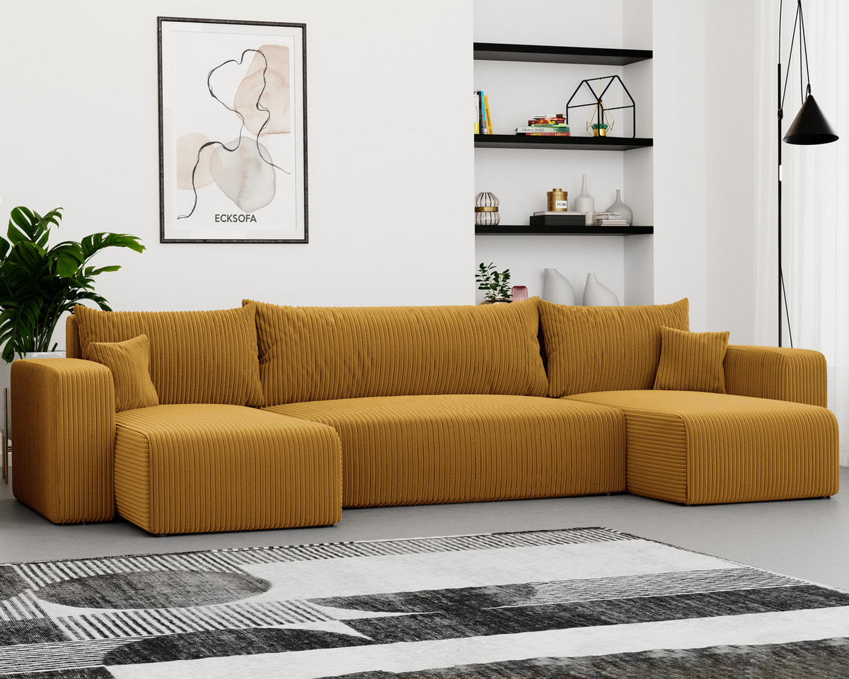 WOHNLANDSCHAFT mit Schlaffunktion und Bettkasten, Senfgelb - Currygelb/Gelb, Kunststoff/Textil (318/79/145cm) - Idohome