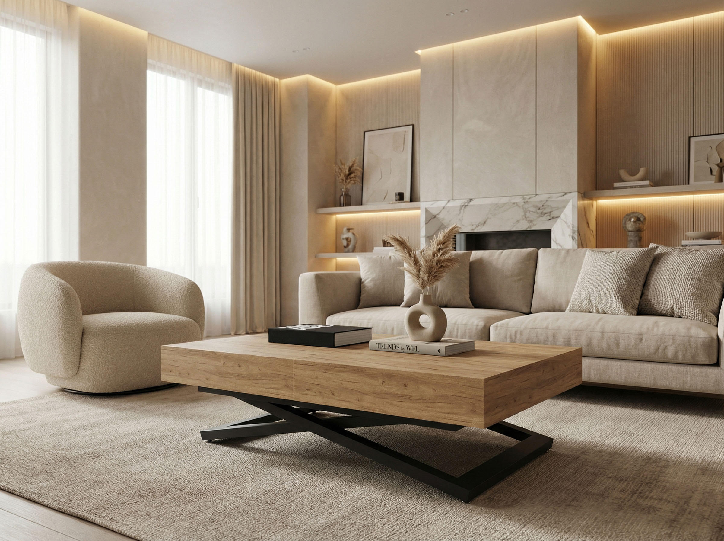 COUCHTISCH Cavetta U höhenverstellbar ausziehbar, Craft Eiche 120-200/80/27-76 cm - Eiche Wotan/Schwarz, Holzwerkstoff/Metall (80/120/76cm) - WFL GROUP