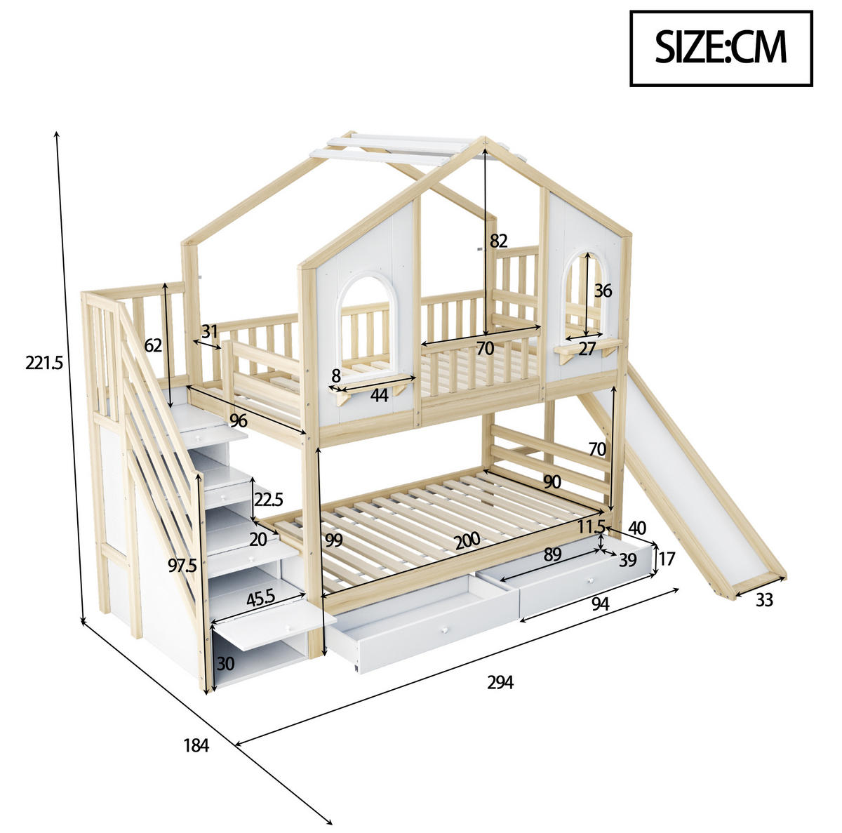 ETAGENBETT Hausform 90/200 cm, Weiß/Naturholz mit Rutsche - Naturfarben, Holz (90/200cm) - MIVRAY