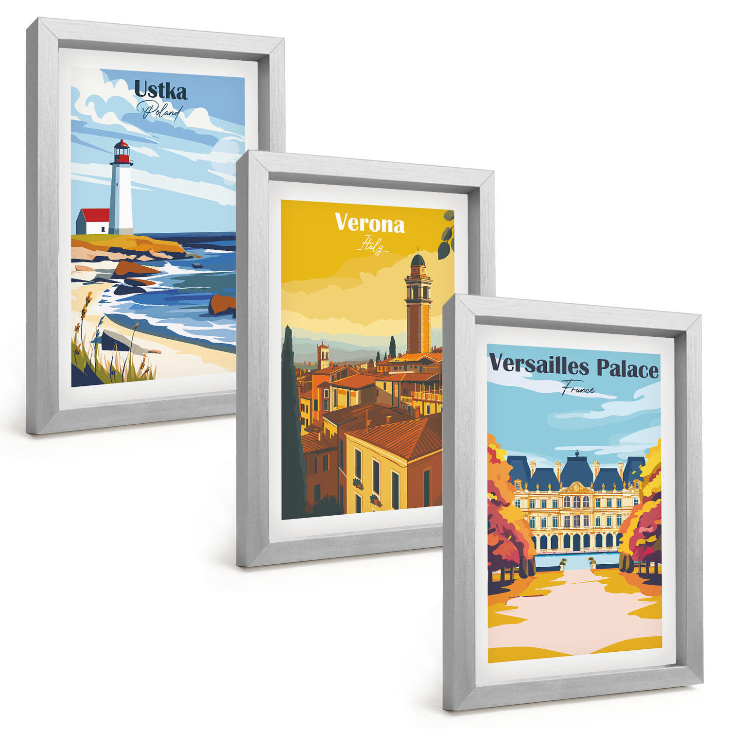 BILDER SET 3er Set - 20x30 cm Silberner Rahmen - Ansichten von Orten am Meer und von Städten - Silberfarben, Kunststoff (20/30cm) - TULUP