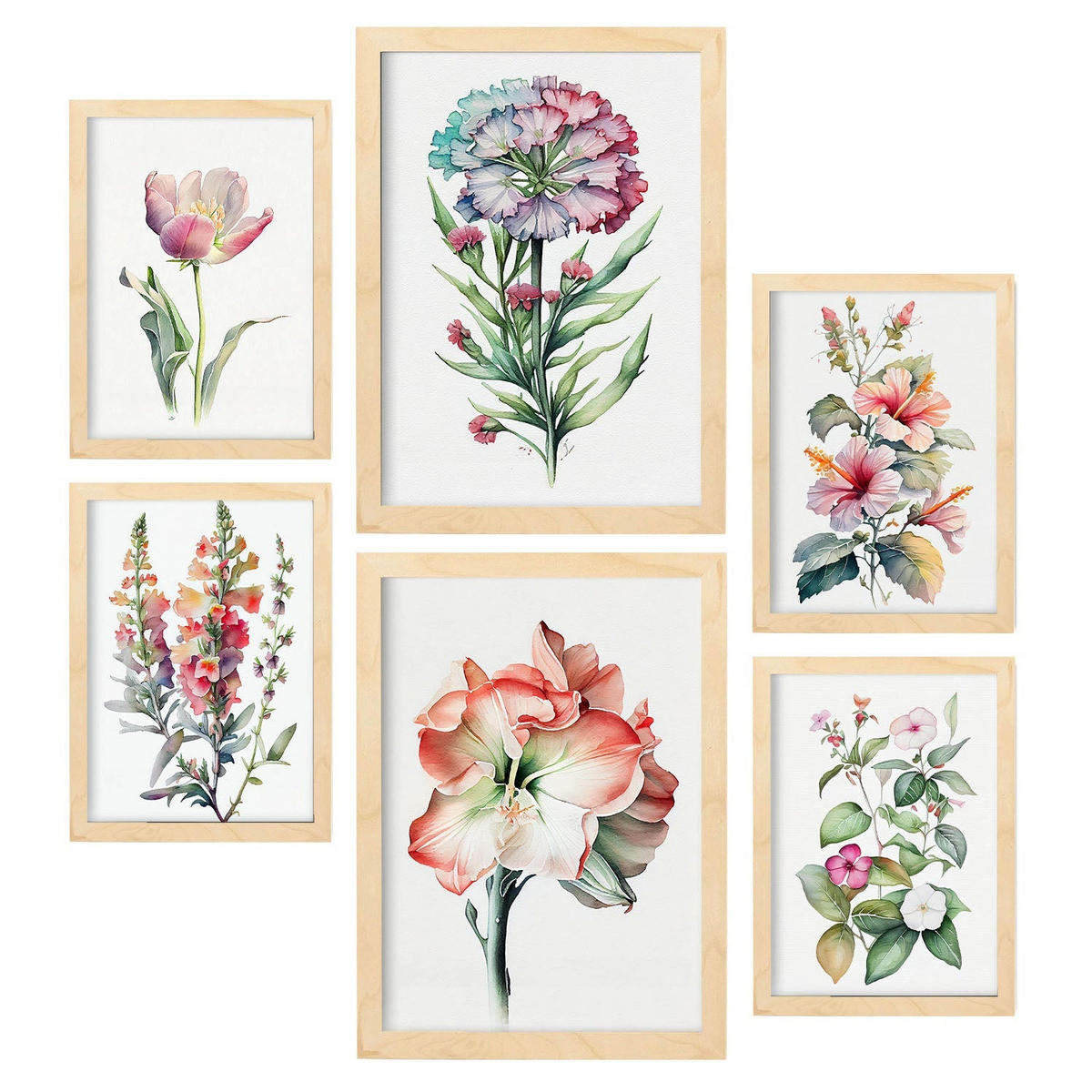 POSTER Set Mit 6 Hibiskus Vollfarbige Natur Und Botanikdrucke Mit Blumenmotiven Auf Reinweißen Hintergründen A3 & A4 Rahmen Aus Hellem Holz - Beige, Papier (29/3cm) - Nacnic