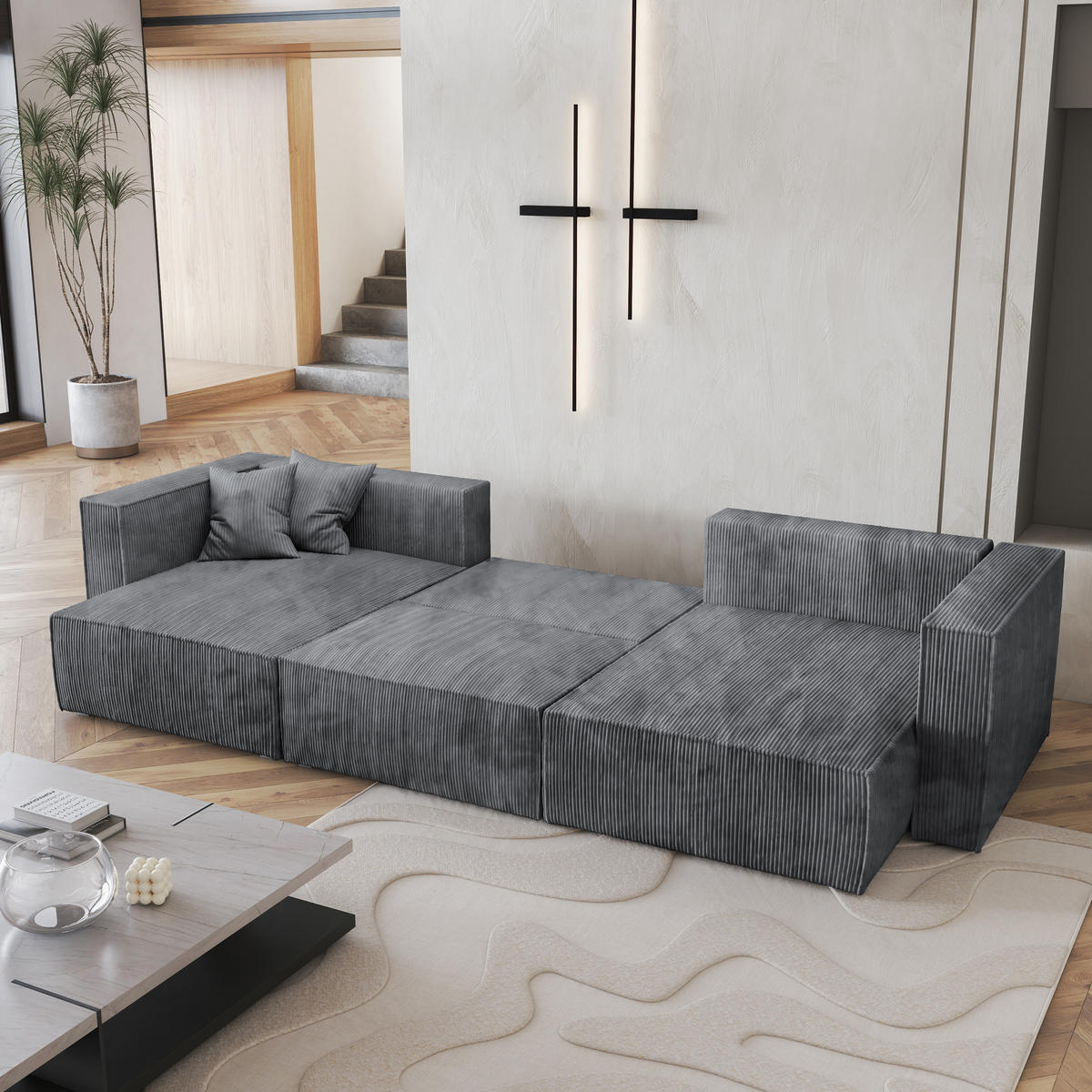 WOHNLANDSCHAFT SARMO P Grau Kordstoff mit Schlaffunktion - Grau, Holz (347/70/148cm) - MASSENO