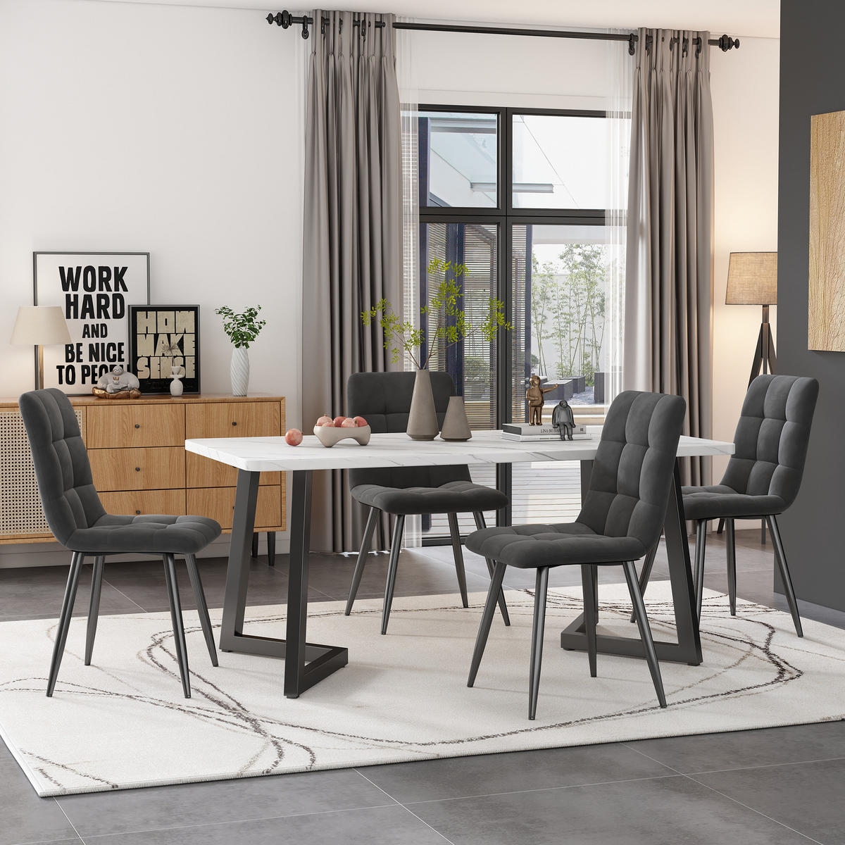 ESSTISCHSET 117 Cm Mit 4 Stühlen, Rechteckig, Dunkelgrau Samt, Schwarz - Grau, Holzwerkstoff (117/75/68cm) - FLIEKS