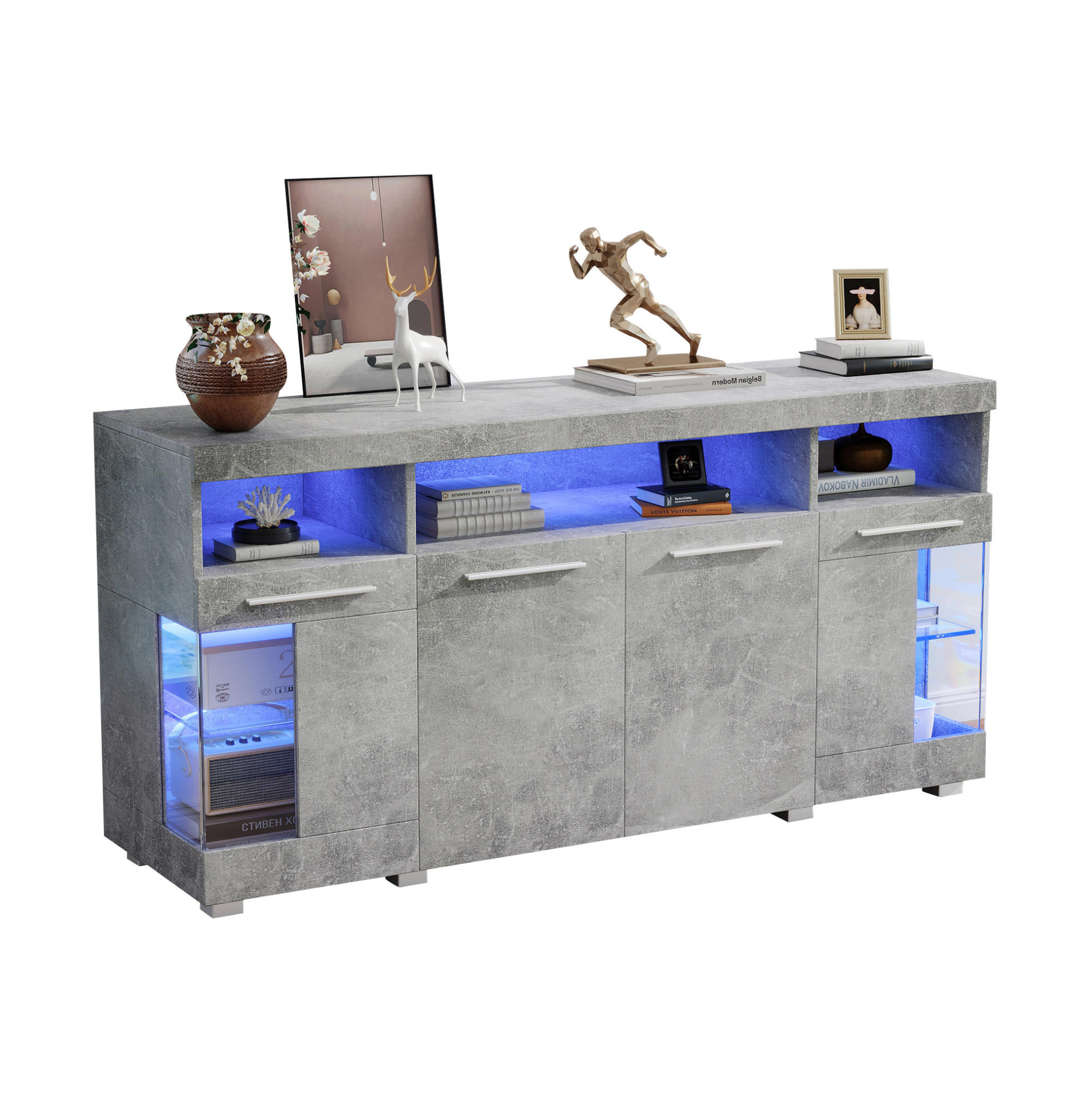 SIDEBOARD 140/40/70 cm Zementgrau aus MDF mit LED-Beleuchtung - Grau, Holzwerkstoff (40/70/140cm) - OKMYHOME